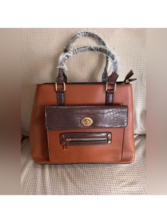 Handbags - Brown Croc-Embossed Accent Structured Tote Handbag